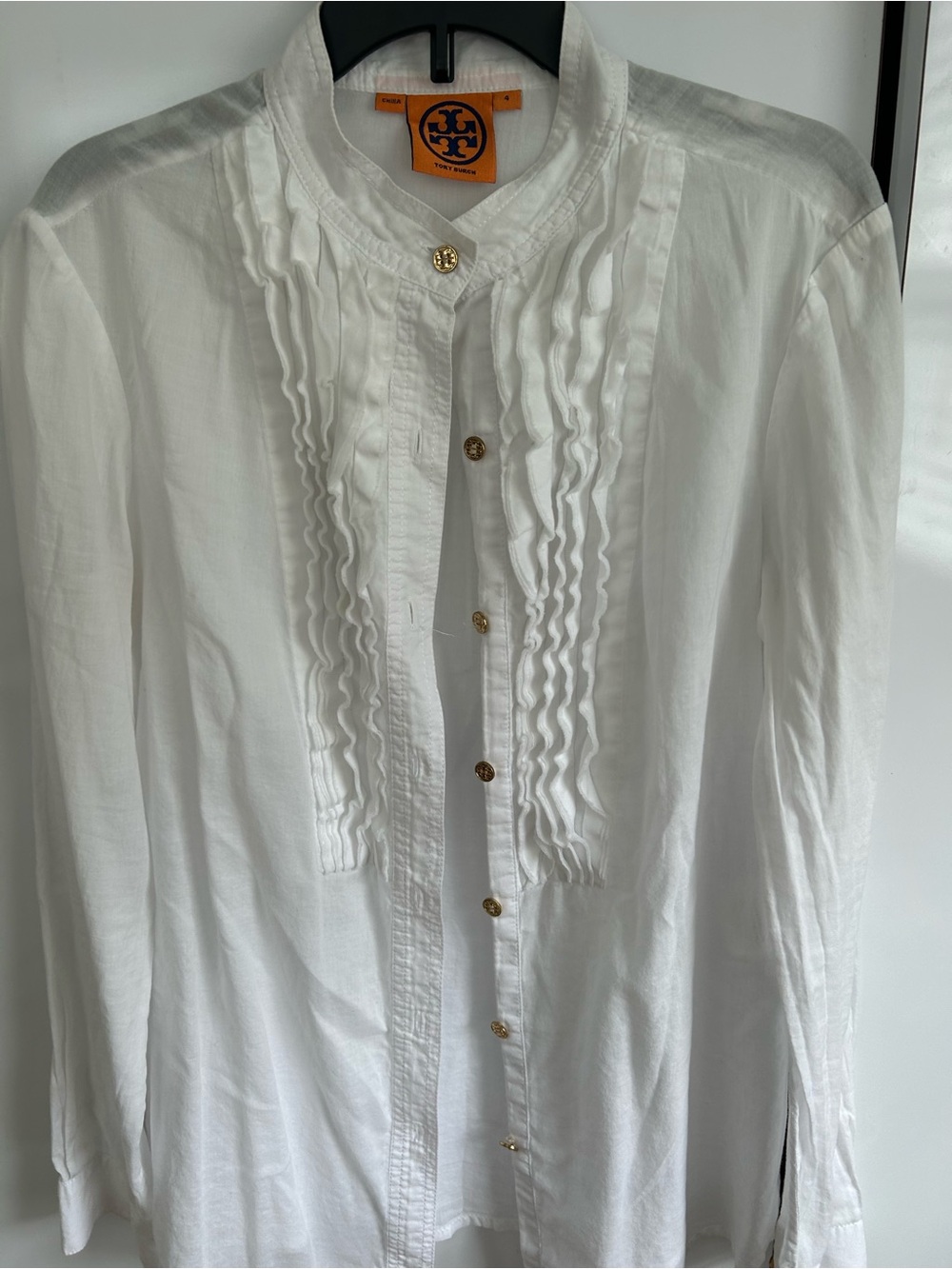 Tory Burch White Ruffled Pintuck Button Shirt with Gold Buttons